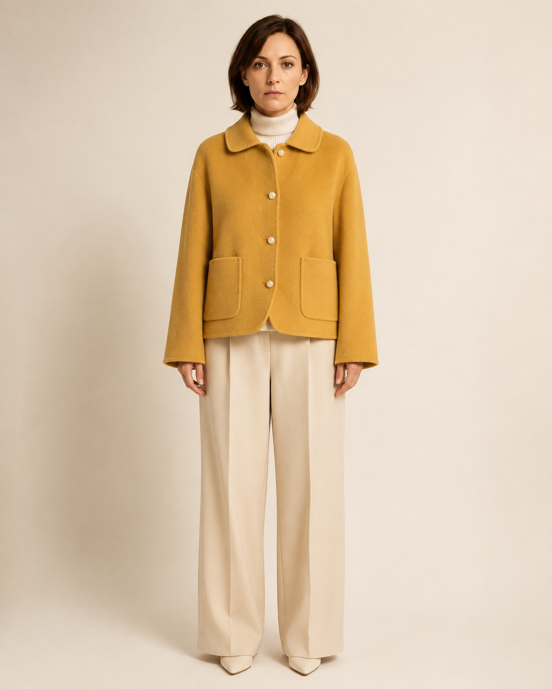 Women's Cropped Button-Front Woolen Jacket for Layering in Ginger Yellow, 01 main, worn by model