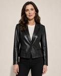 Women's Cropped Faux Leather Blazer with Lapel Collar in Black, 01 main, worn by model