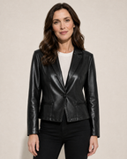 Women's Cropped Faux Leather Blazer with Lapel Collar in Black, 01 main, worn by model