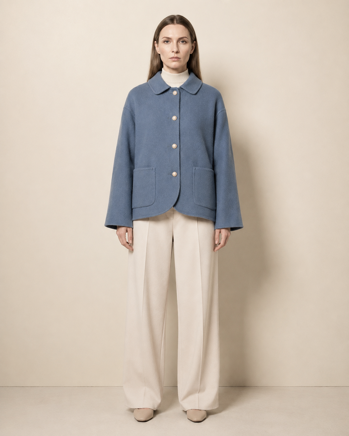 Women's Cropped Button-Front Woolen Jacket for Layering in Haze Blue, 01 main, worn by model