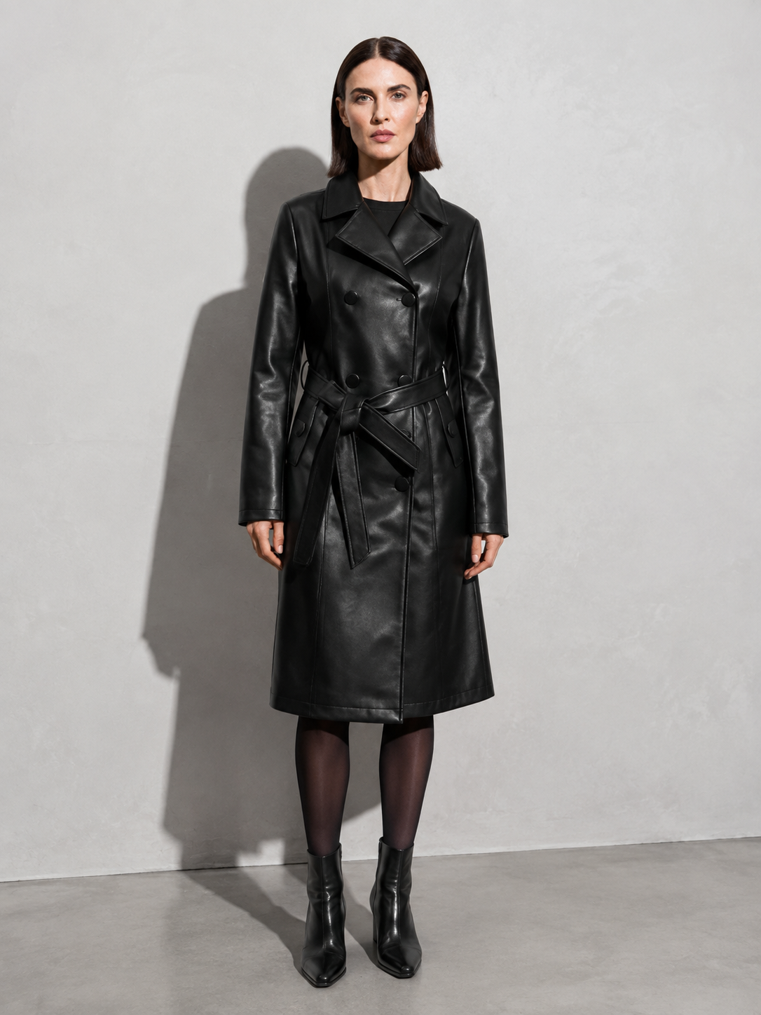 Women's PU Leather Mid-Length Windbreaker in Black, 01 main, worn by model