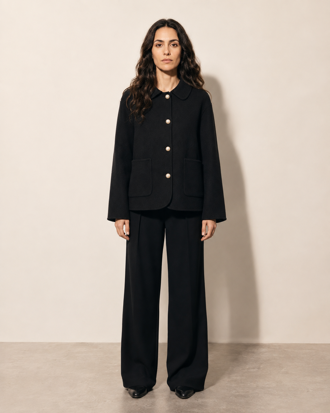 Women's Cropped Button-Front Woolen Jacket for Layering in Black, 01 main, worn by model