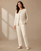 Women's Lightweight Down-Filled Quilted Jacket for Layering in Beige, 01 main, worn by model
