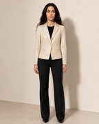 Women's Cropped Faux Leather Blazer with Lapel Collar in Beige, 01 main, worn by model