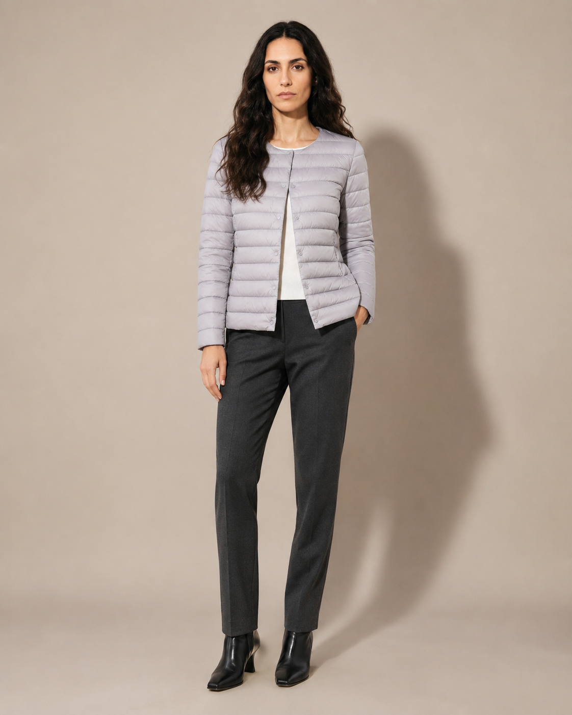 Women's Lightweight Down-Filled Quilted Jacket for Layering in Silver, 01 main, worn by model