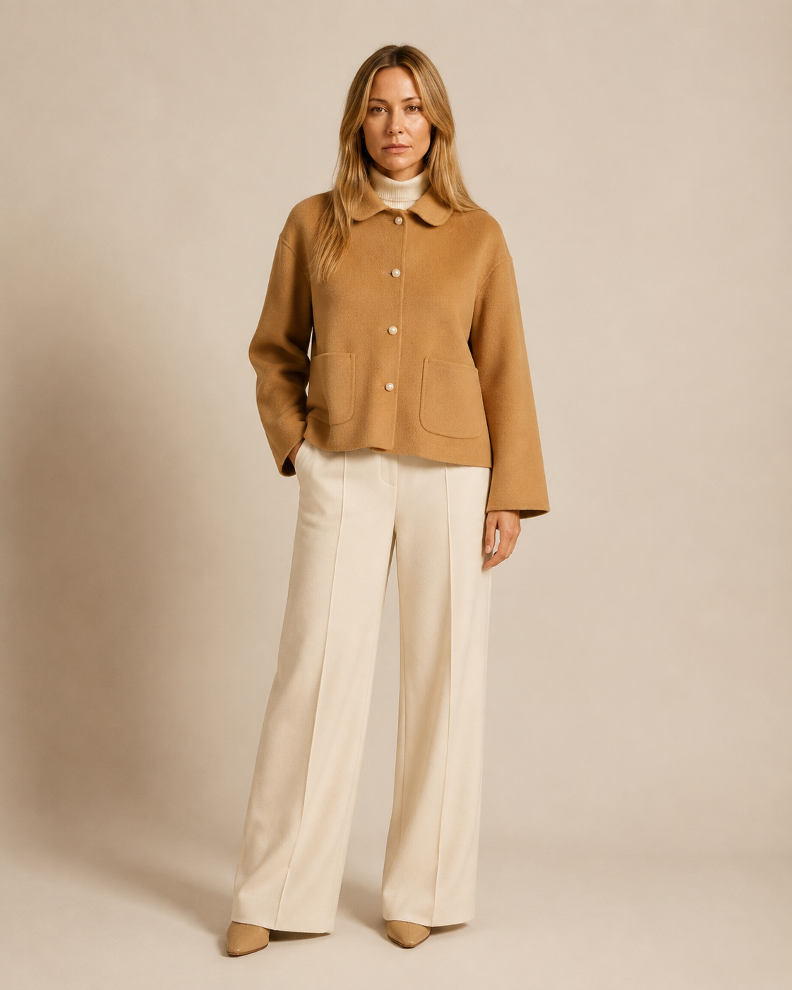Women's Cropped Button-Front Woolen Jacket for Layering in Camel, 01 main, worn by model