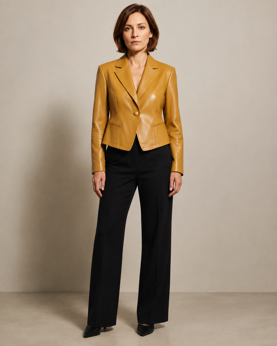 Women's Cropped Faux Leather Blazer with Lapel Collar in Yellow, 01 main, worn by model