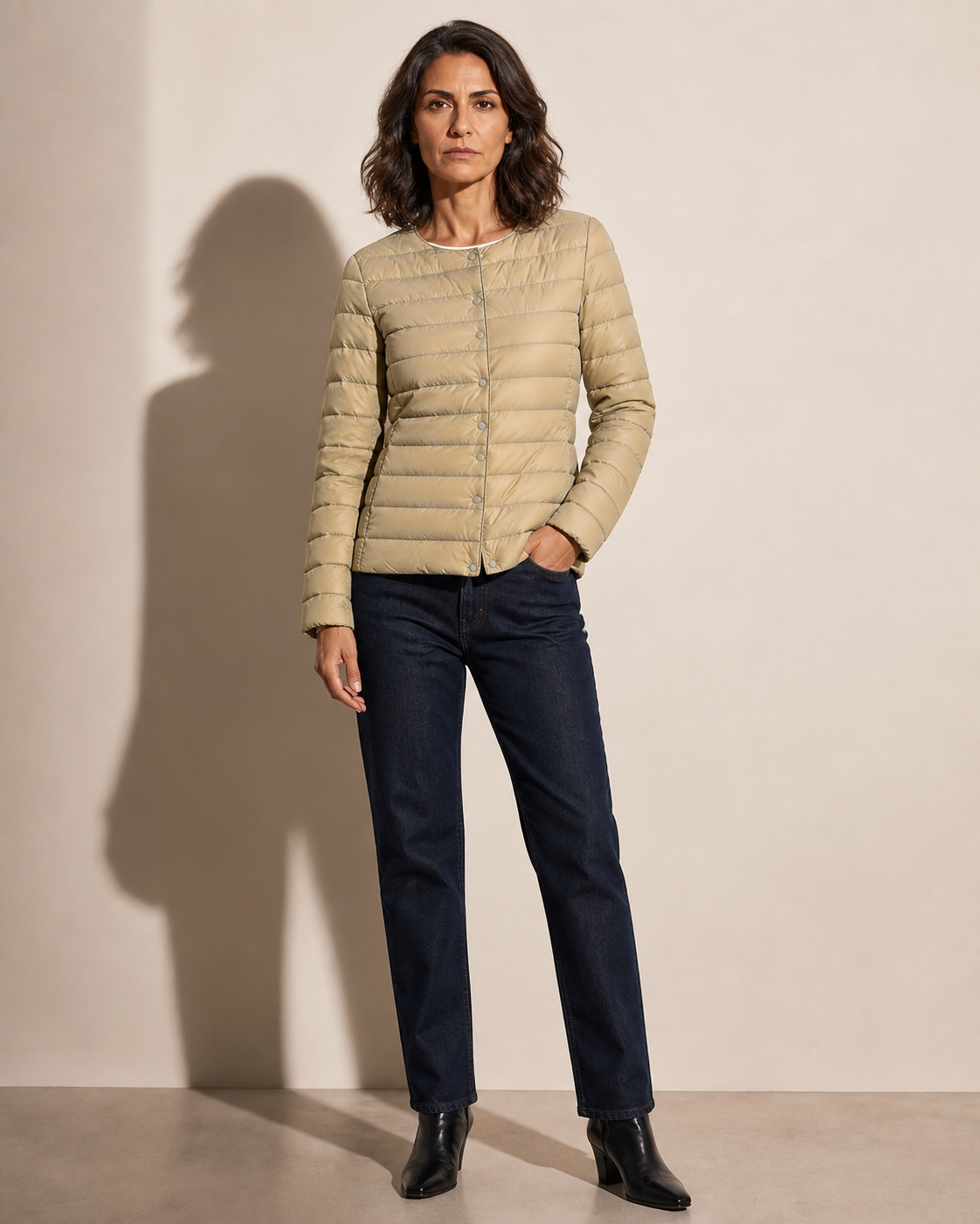 Women's Lightweight Down-Filled Quilted Jacket for Layering in Khaki, 01 main, worn by model