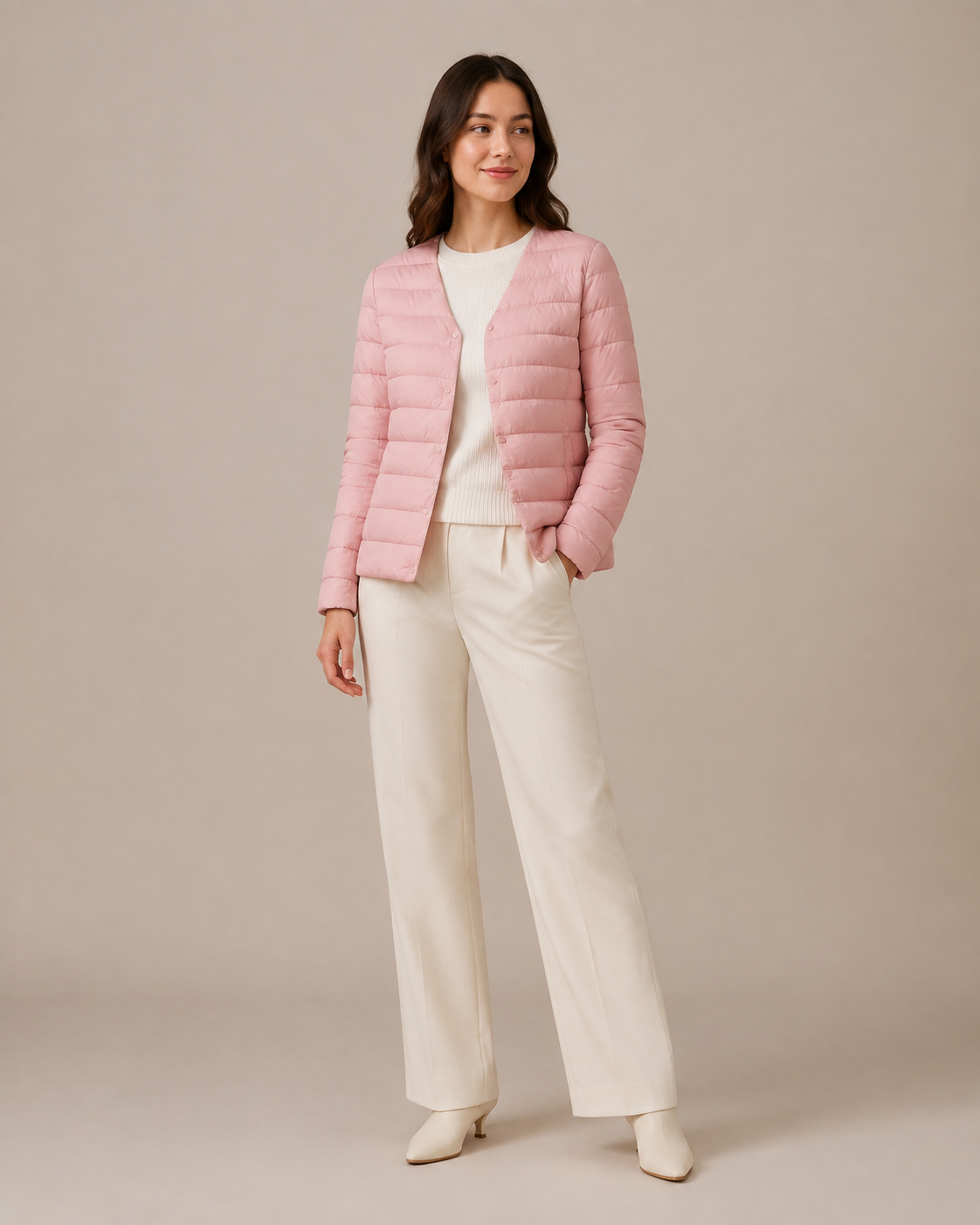 Women's Lightweight Down-Filled Quilted Jacket for Layering in Cherry Blossom Pink, 01 main, worn by model