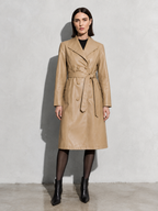 Women's PU Leather Mid-Length Windbreaker in Khaki, 01 main, worn by model
