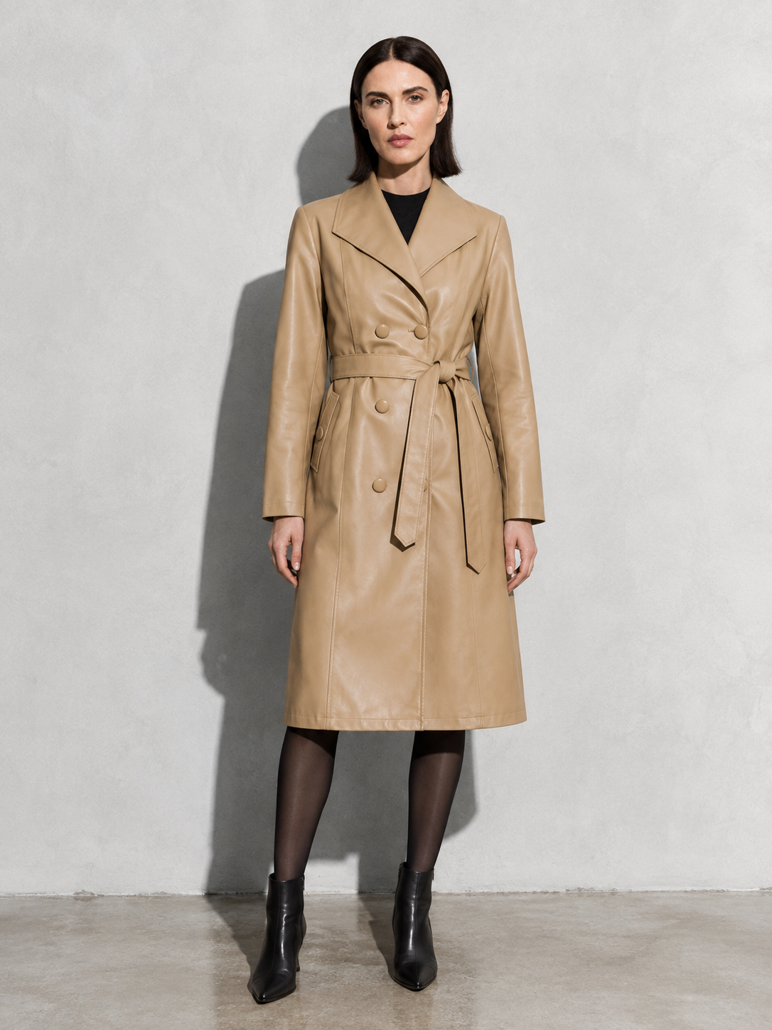 Women's PU Leather Mid-Length Windbreaker in Khaki, 01 main, worn by model