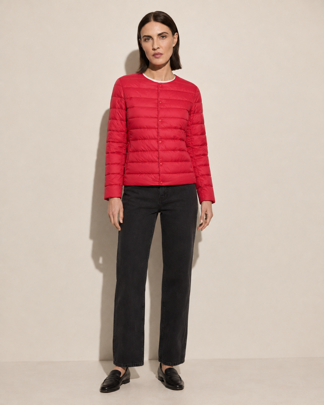 Women's Lightweight Down-Filled Quilted Jacket for Layering in Red, 01 main, worn by model