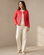 Women's Lightweight Down-Filled Quilted Jacket for Layering in Delightful Red, 01 main, worn by model