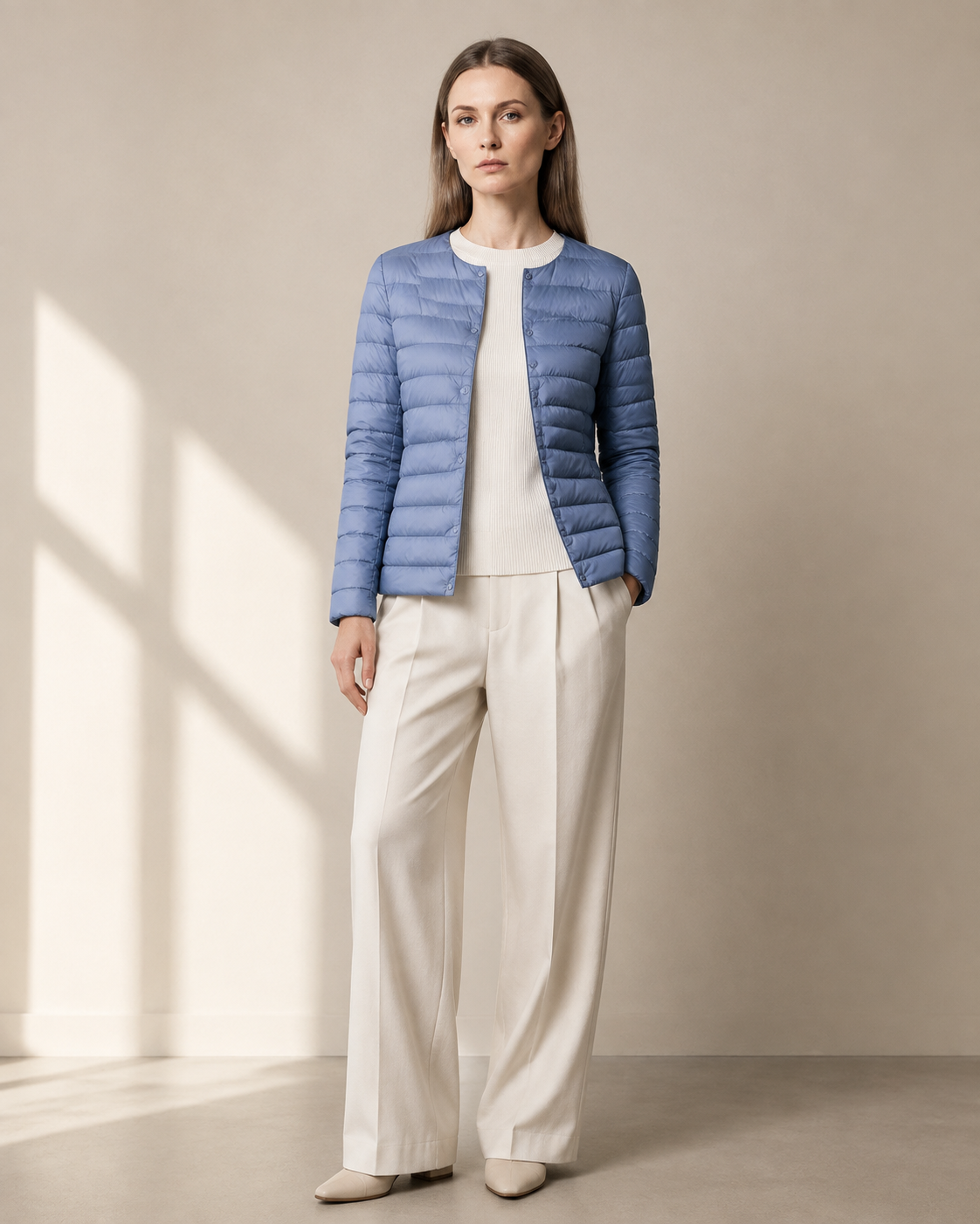 Women's Lightweight Down-Filled Quilted Jacket for Layering in Haze Blue, 01 main, worn by model