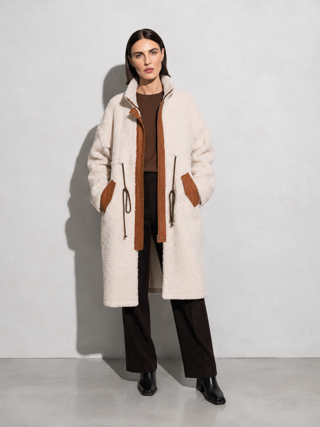 Women's Mid-Length Colorblock Wool Coat in Picture Color, 01 main, worn by model