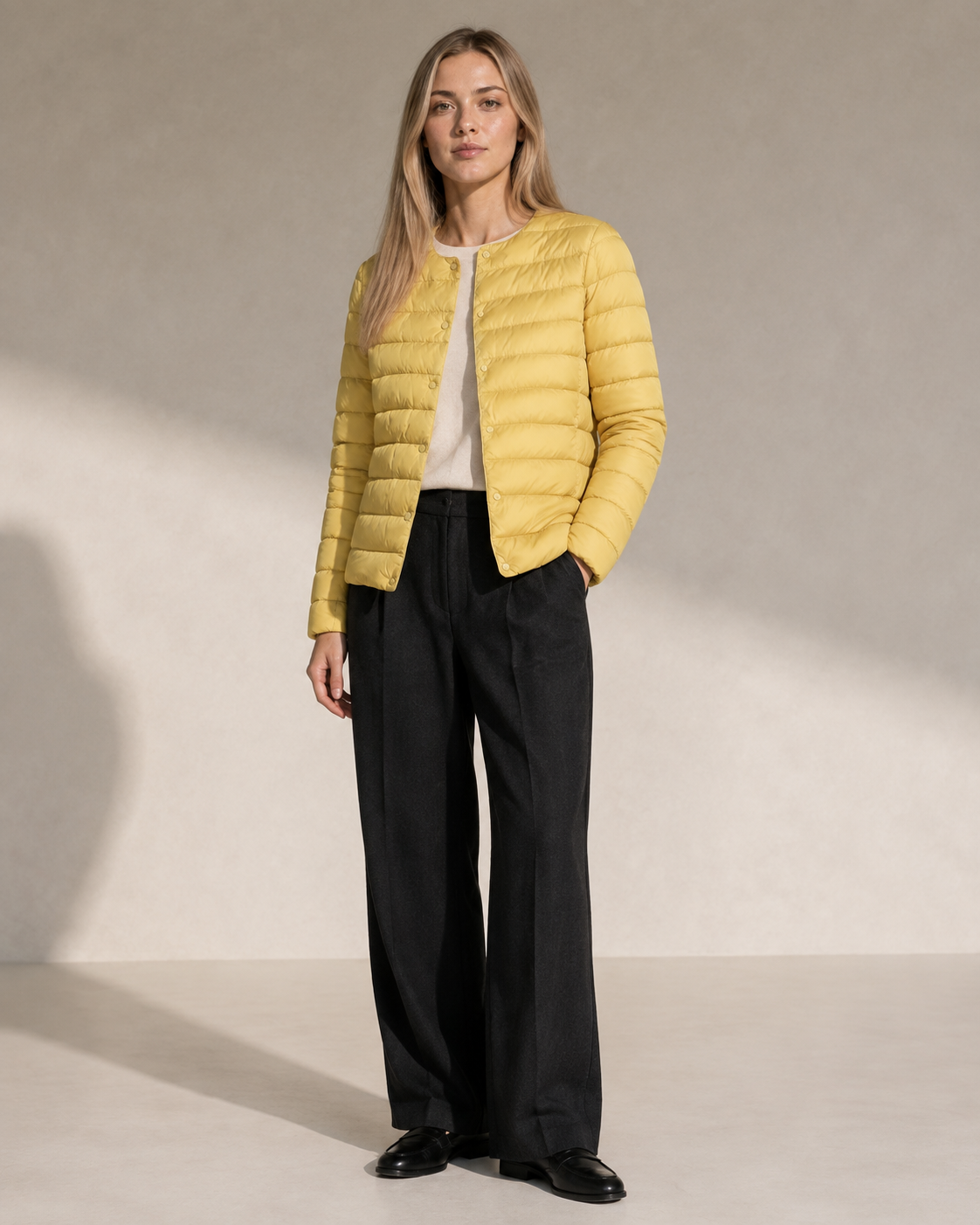 Women's Lightweight Down-Filled Quilted Jacket for Layering in Light Yellow, 01 main, worn by model