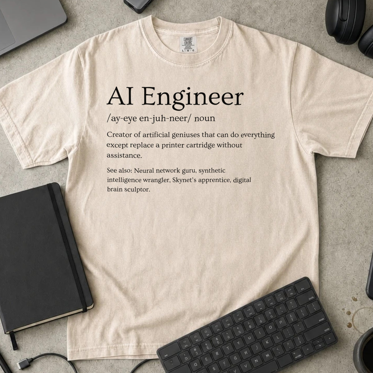 AI Engineer Definition Shirt in Ivory, Comfort Colors 1717 tee flat lay