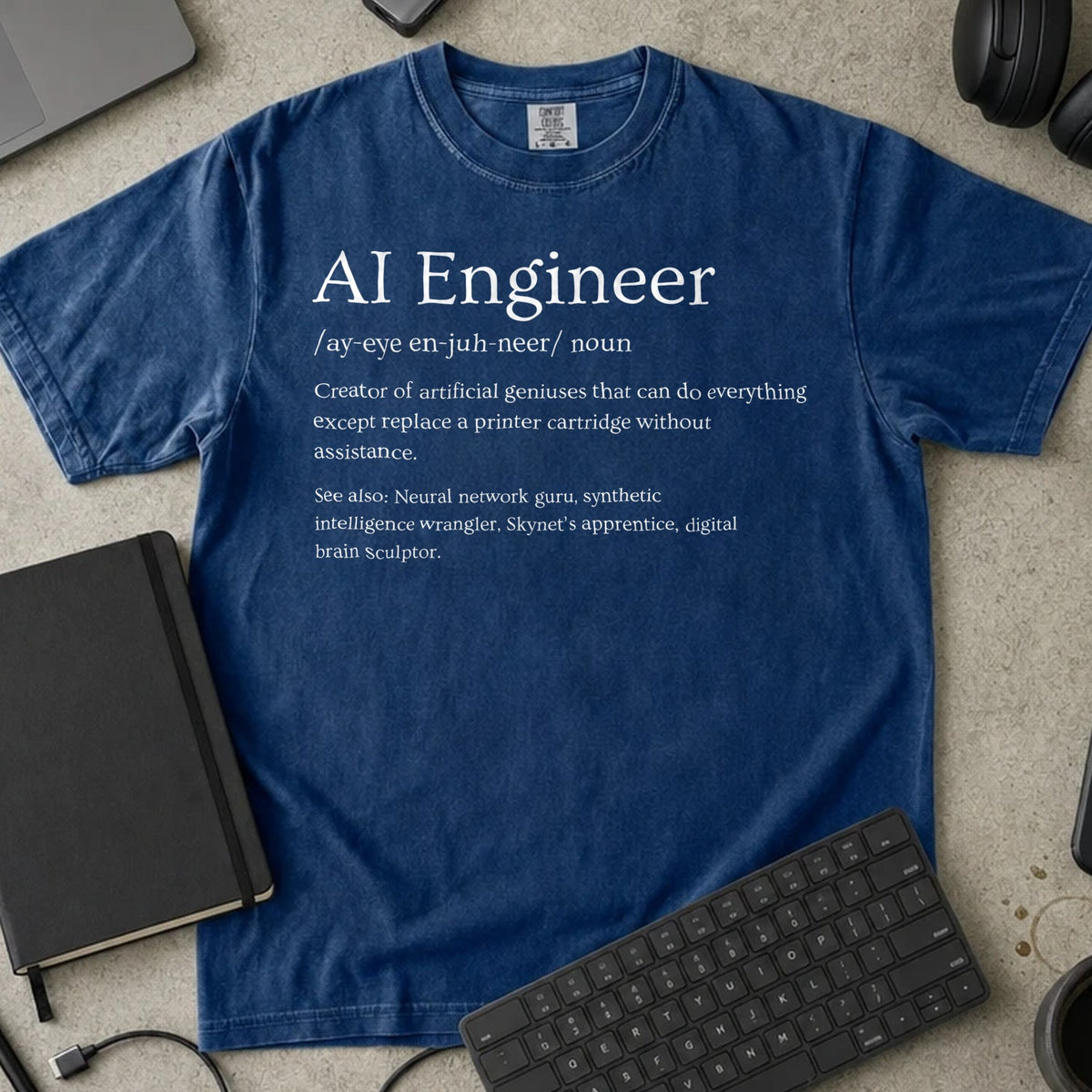 AI Engineer Definition Shirt in True Navy, Comfort Colors 1717 tee flat lay