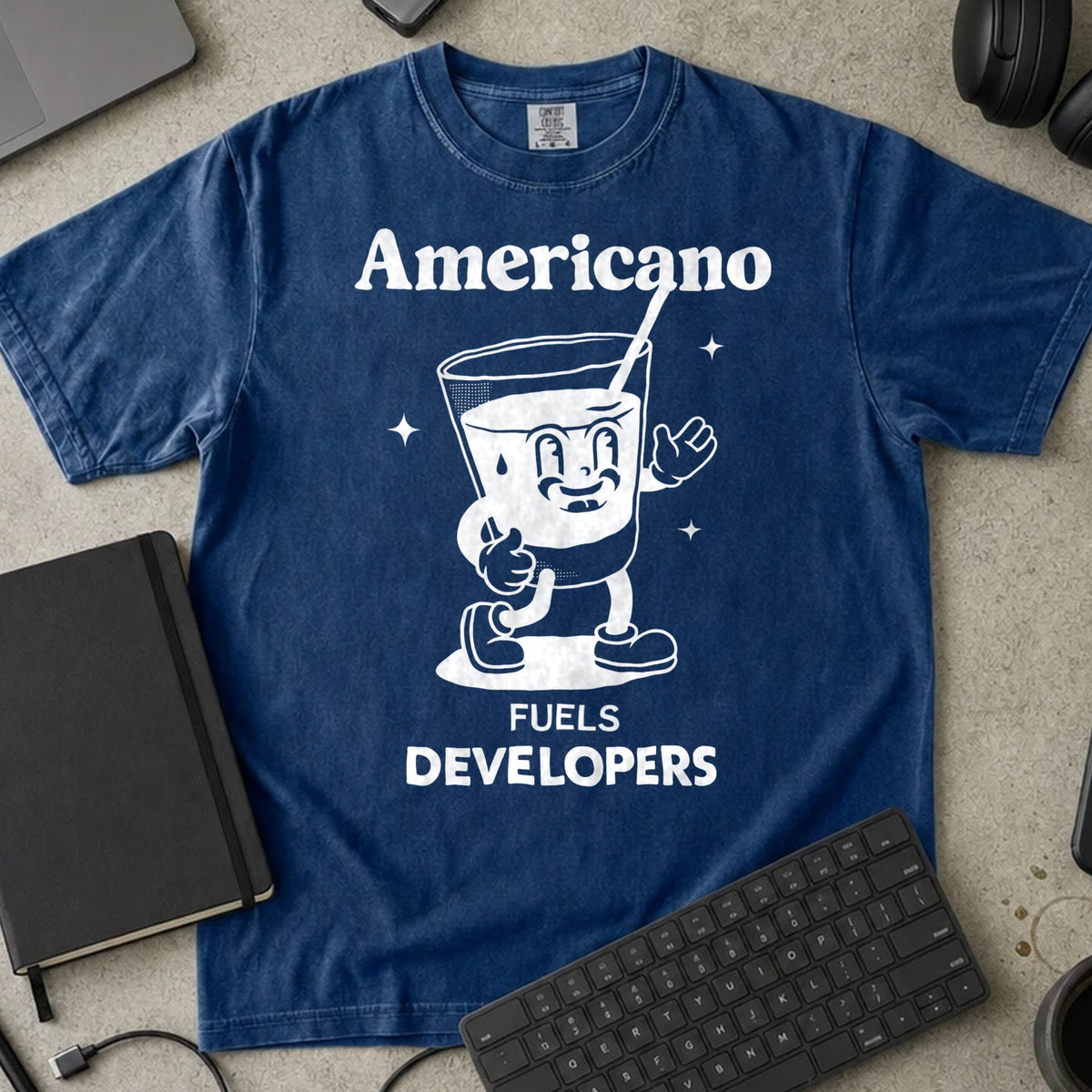 Americano Fuels Developers Shirt in True Navy, Comfort Colors 1717 tee flat lay