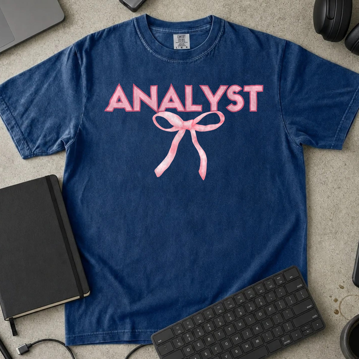 Analyst Bow Shirt in True Navy, Comfort Colors 1717 tee flat lay