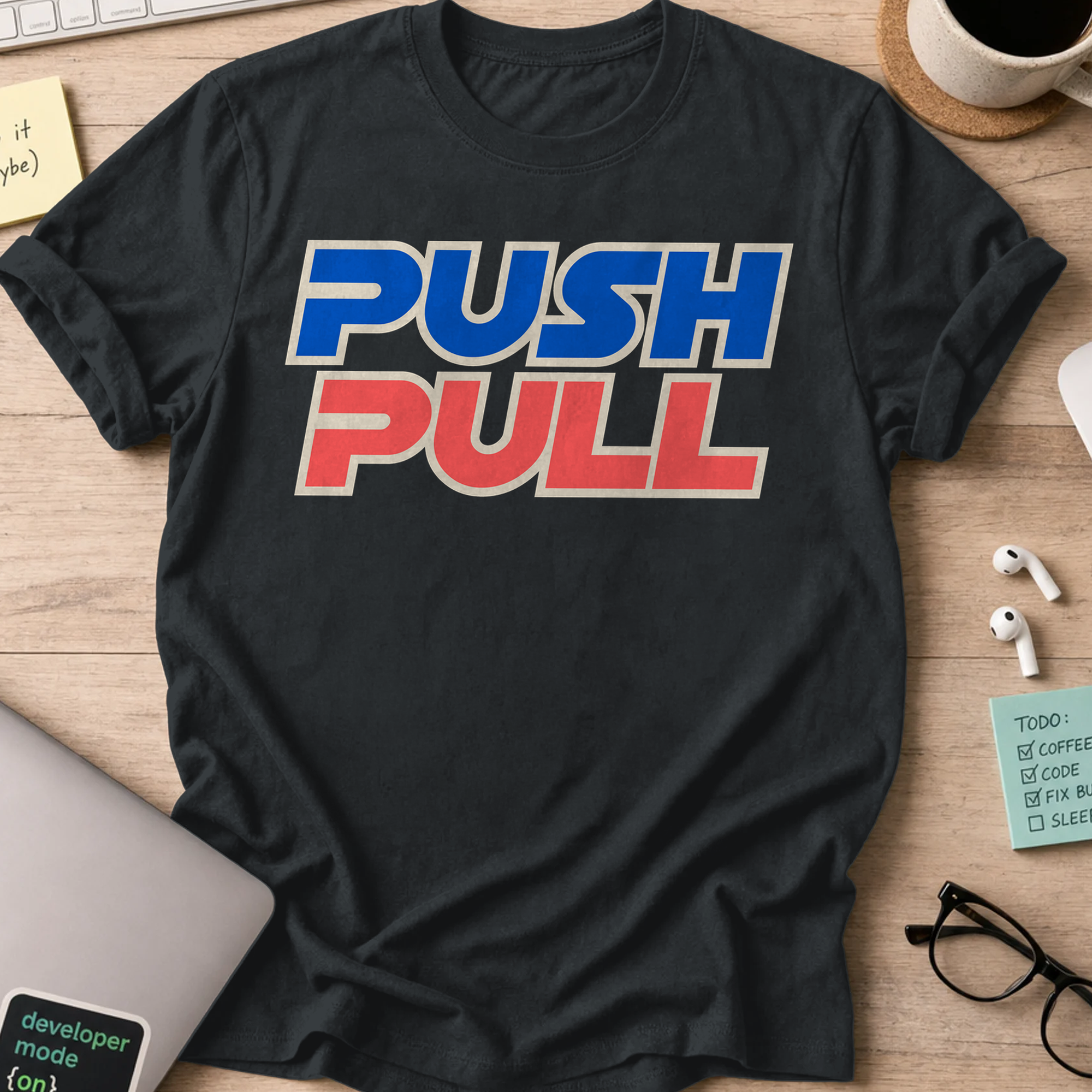 Push Pull Retro Typography Shirt — Black storefront mockup