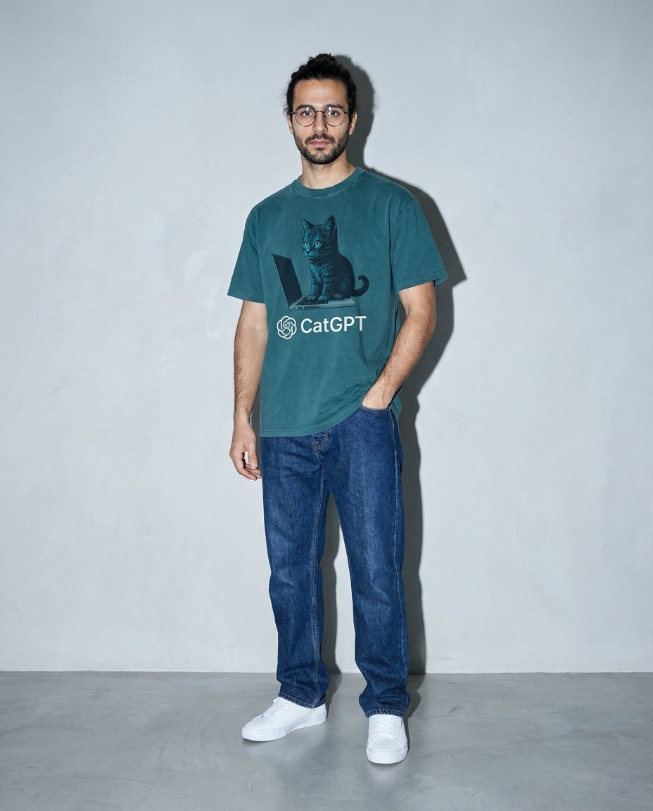 catGPT Premium Shirt — Blue Spruce Model Full Body