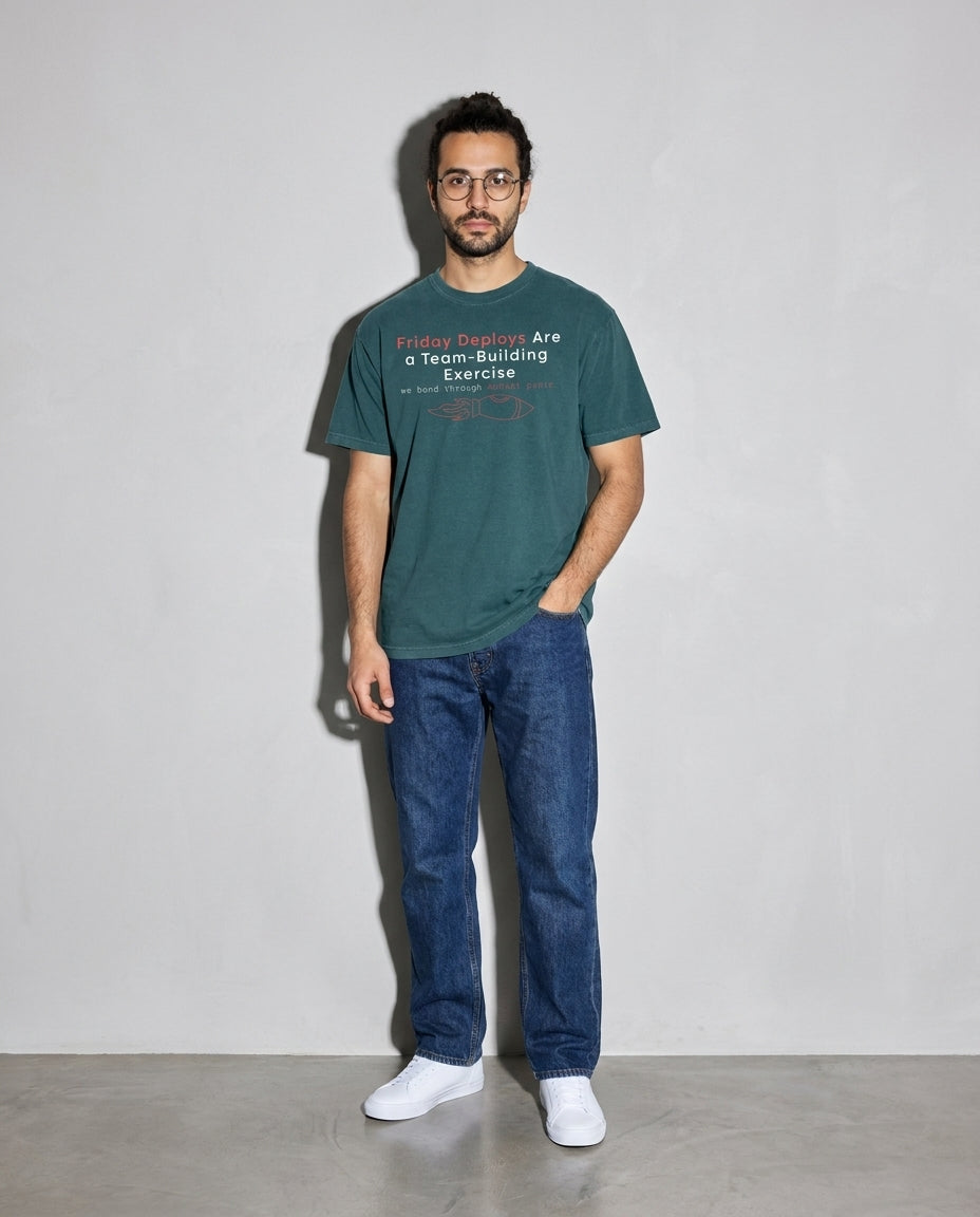 friday deploys = team building Premium Shirt — Blue Spruce Model Full Body