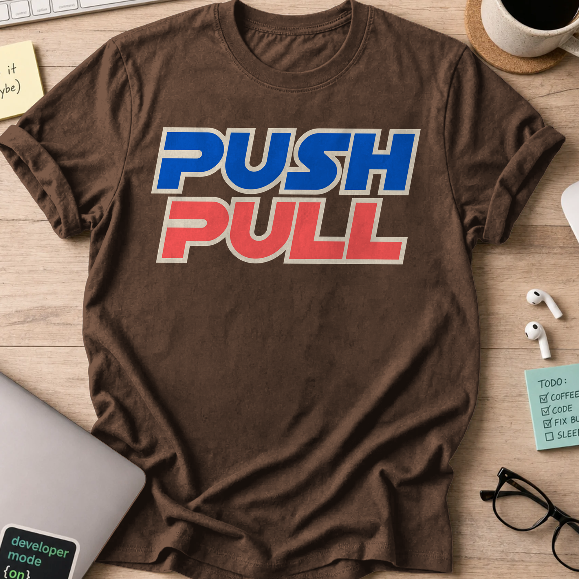 Push Pull Retro Typography Shirt — Dark Chocolate storefront mockup