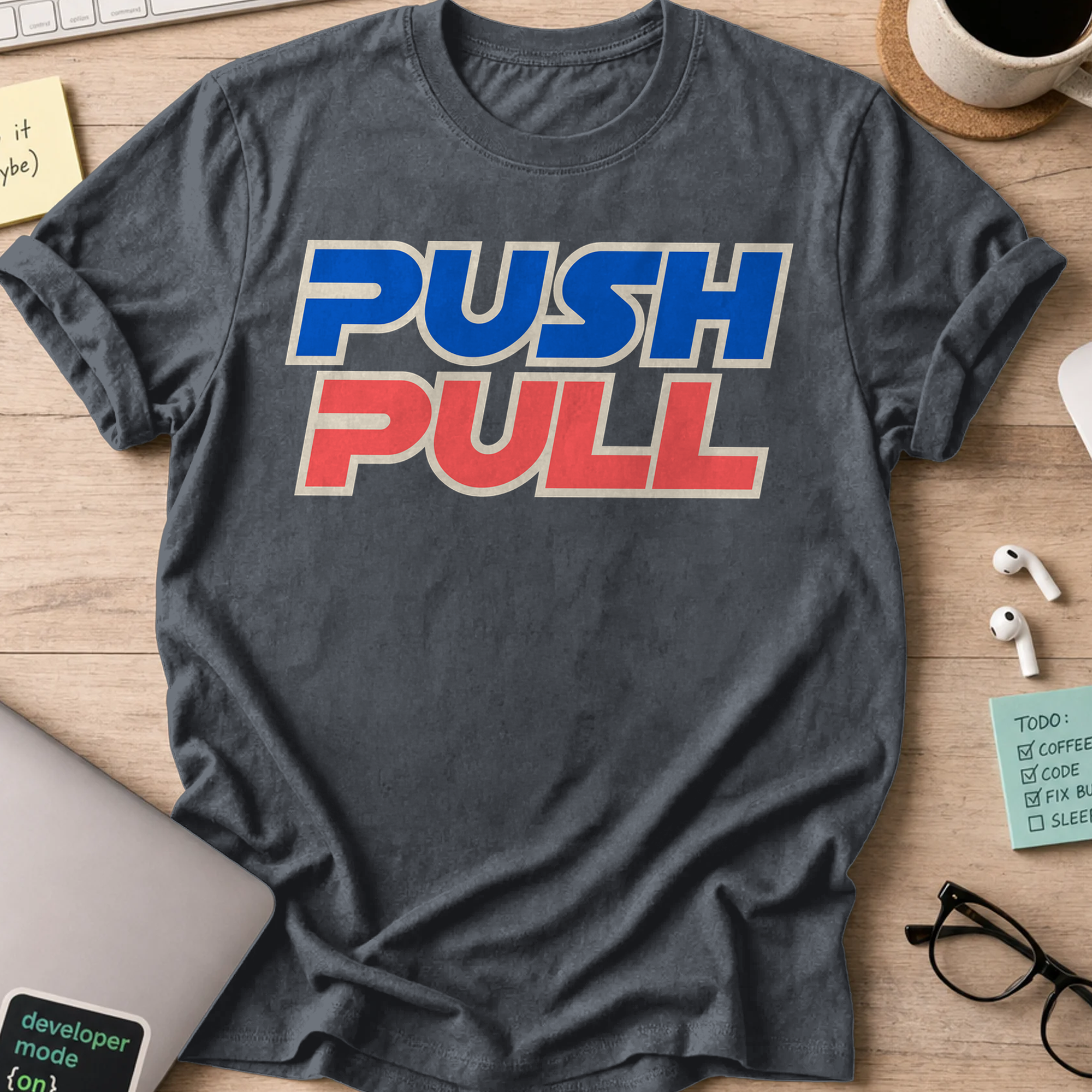 Push Pull Retro Typography Shirt — Dark Heather storefront mockup