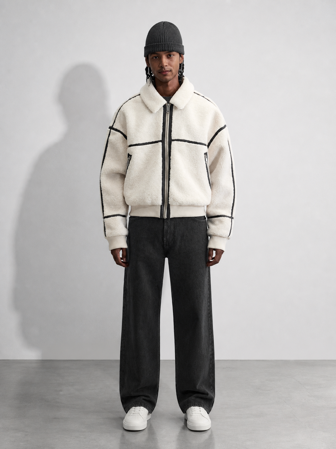Code Culture catalog | mens-simple-lapel-fleece-jacket | ground-white | full body