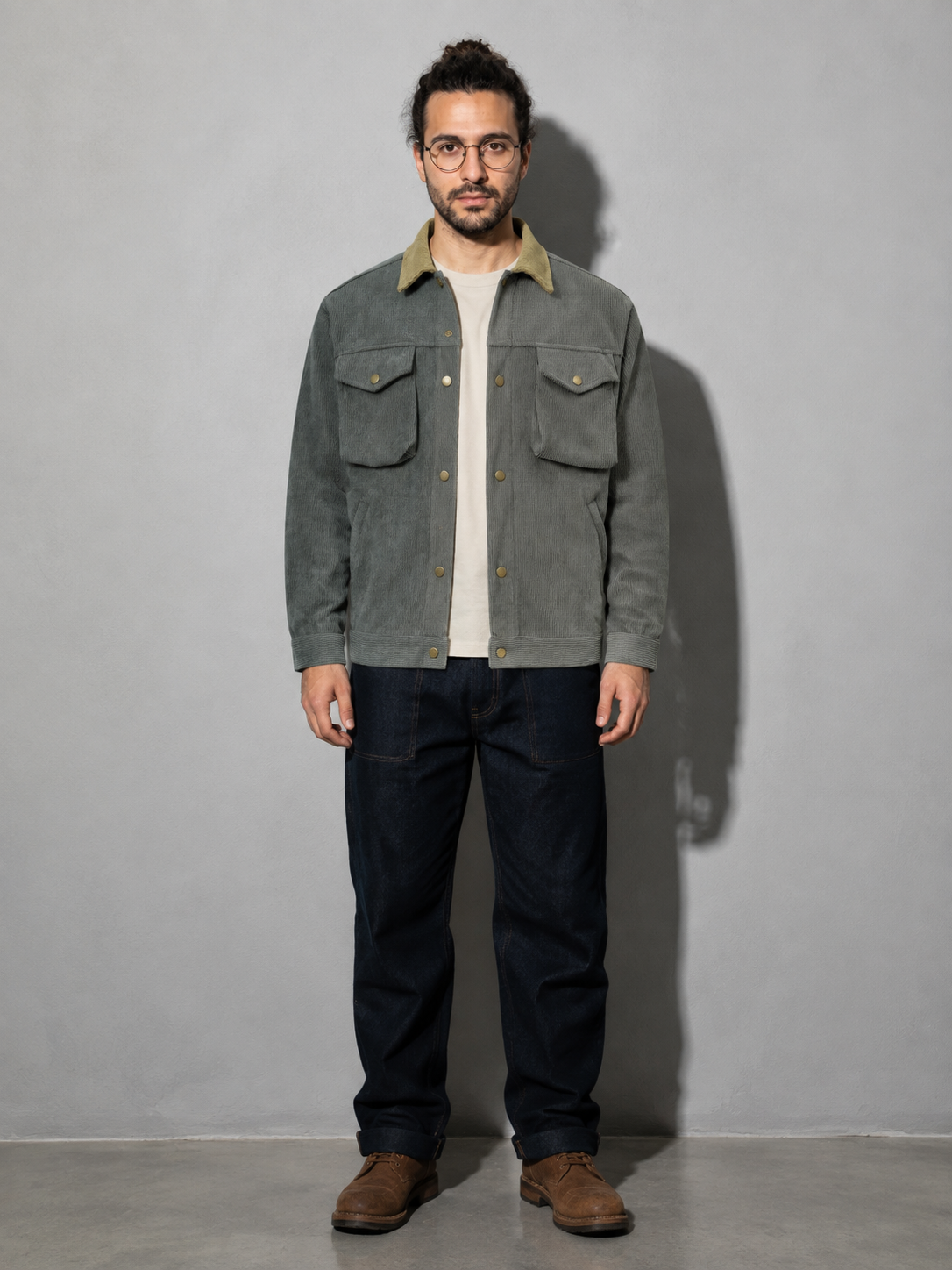 Code Culture catalog | asymmetric-color-contrast-patchwork-workwear-jacket | color-gray | full body