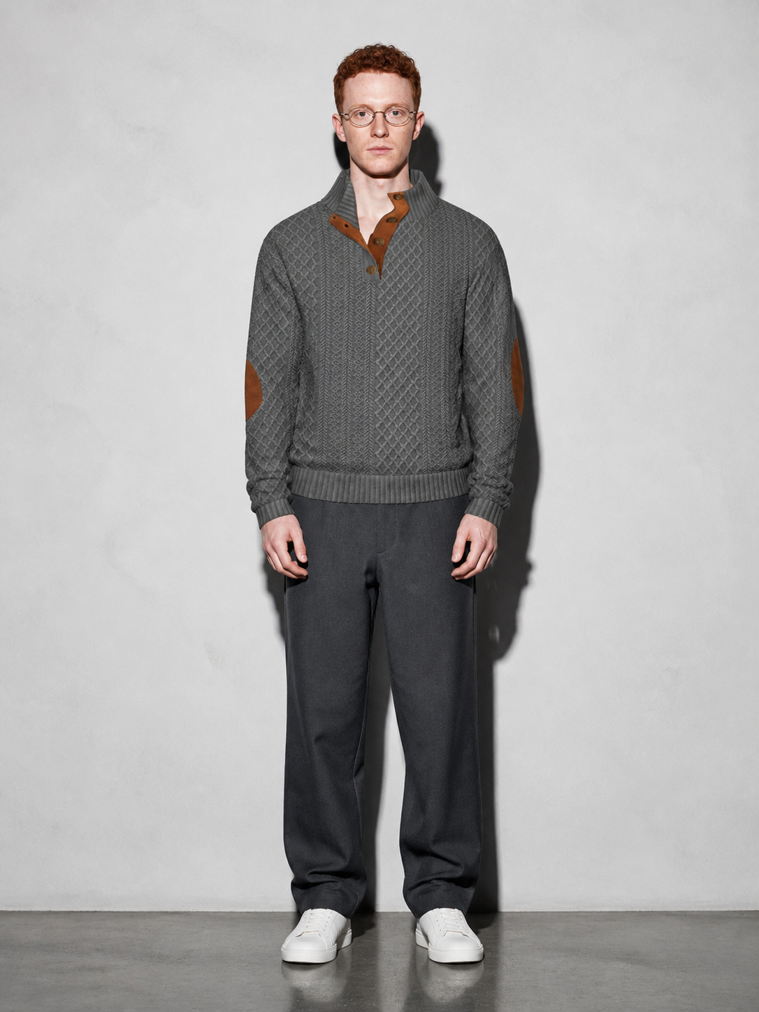 Code Culture catalog | stand-collar-long-sleeve-jacquard-knitted-pullover-sweater | dark-gray | full body