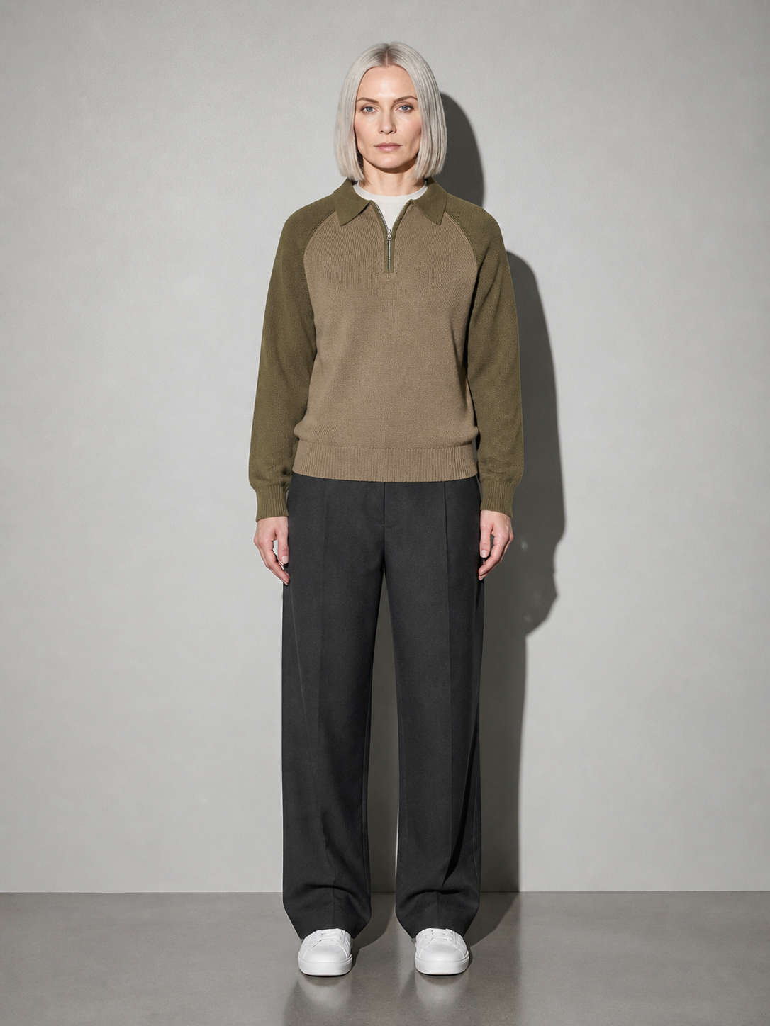 Code Culture catalog | american-casual-half-height-zip-polo-sweater | olive-green | full body