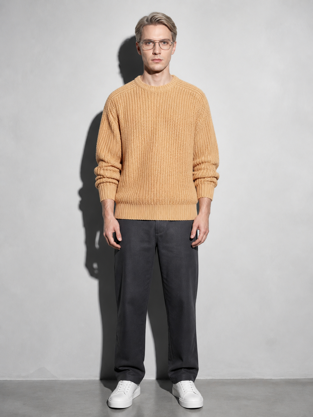 Code Culture catalog | mens-solid-color-long-sleeve-round-neck-fashion-sweater-loose-retro-sweater | khaki | full body