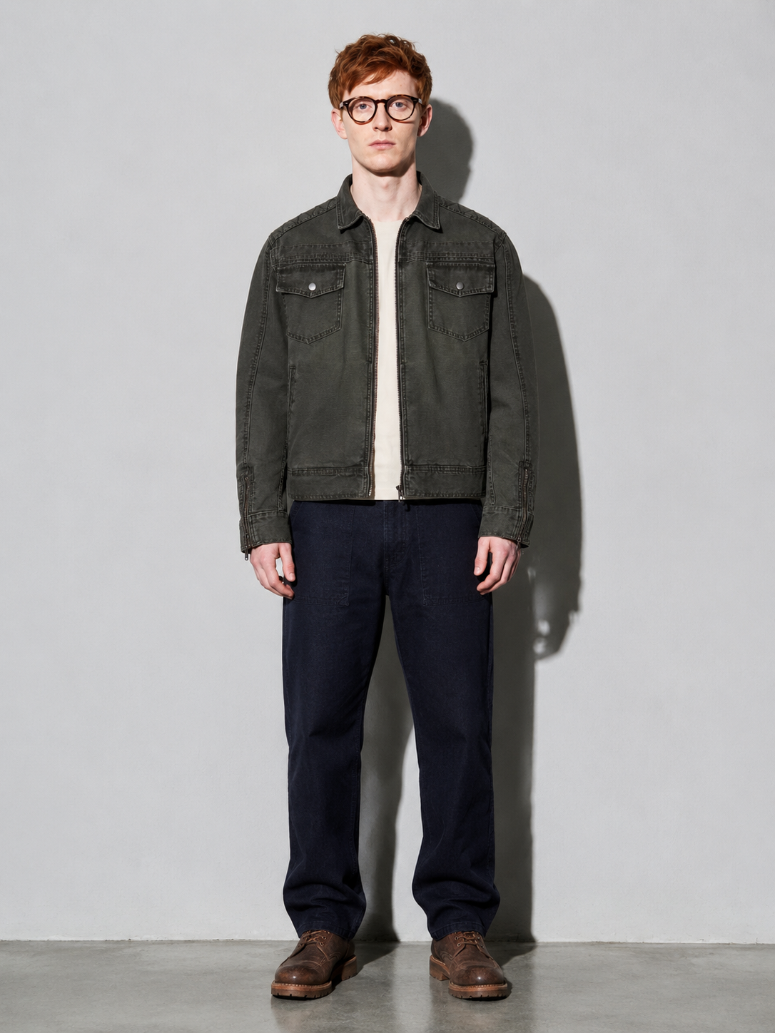 Code Culture catalog | retro-short-zip-up-washed-workwear-jacket | color-army-green | full body
