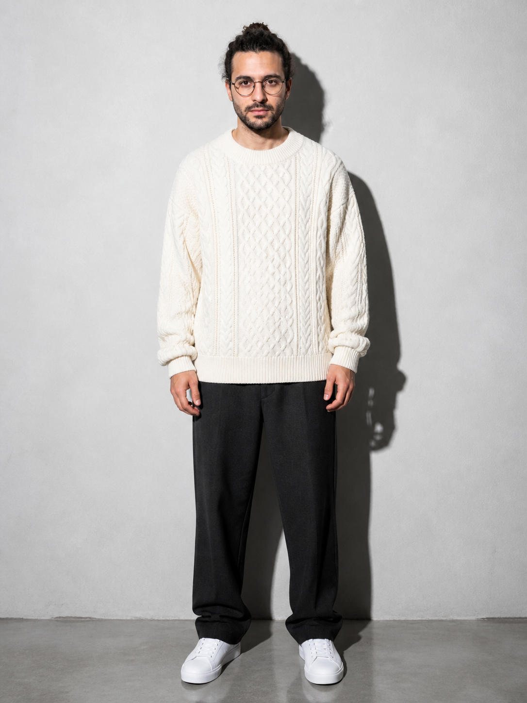 Code Culture catalog | autumn-and-winter-new-mens-twist-sweater-casual-round-neck-pullover-top | b046-apricot-white | full body