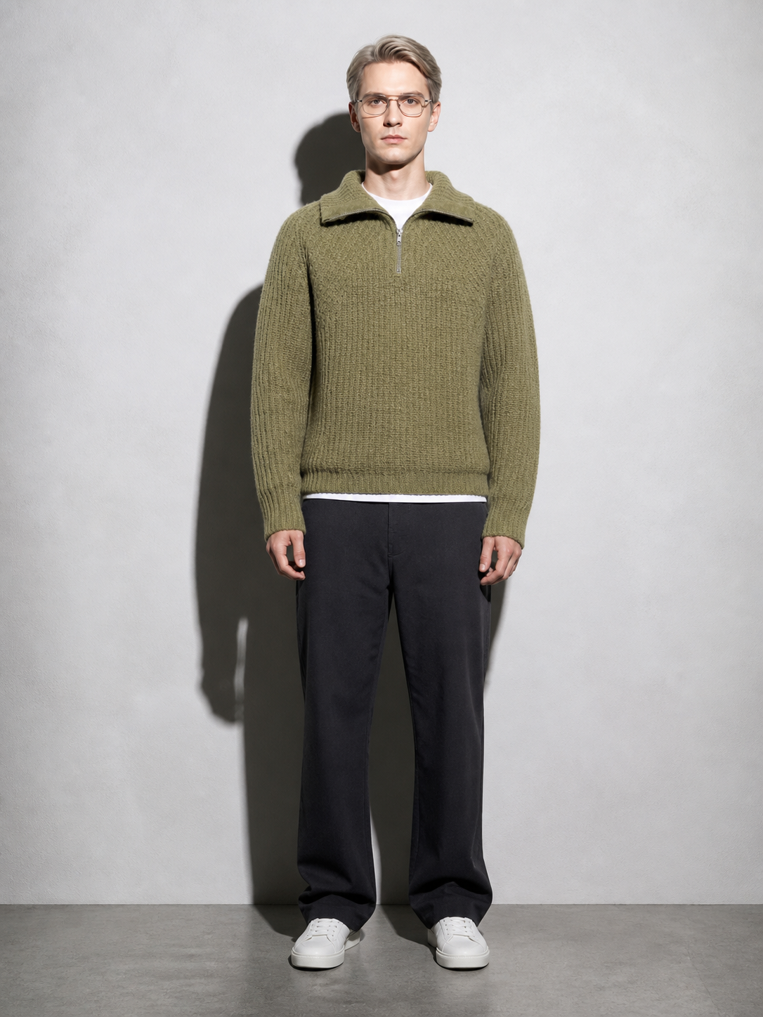 Code Culture catalog | mens-autumn-and-winter-turtleneck-half-zip-sweater | olive-green | full body