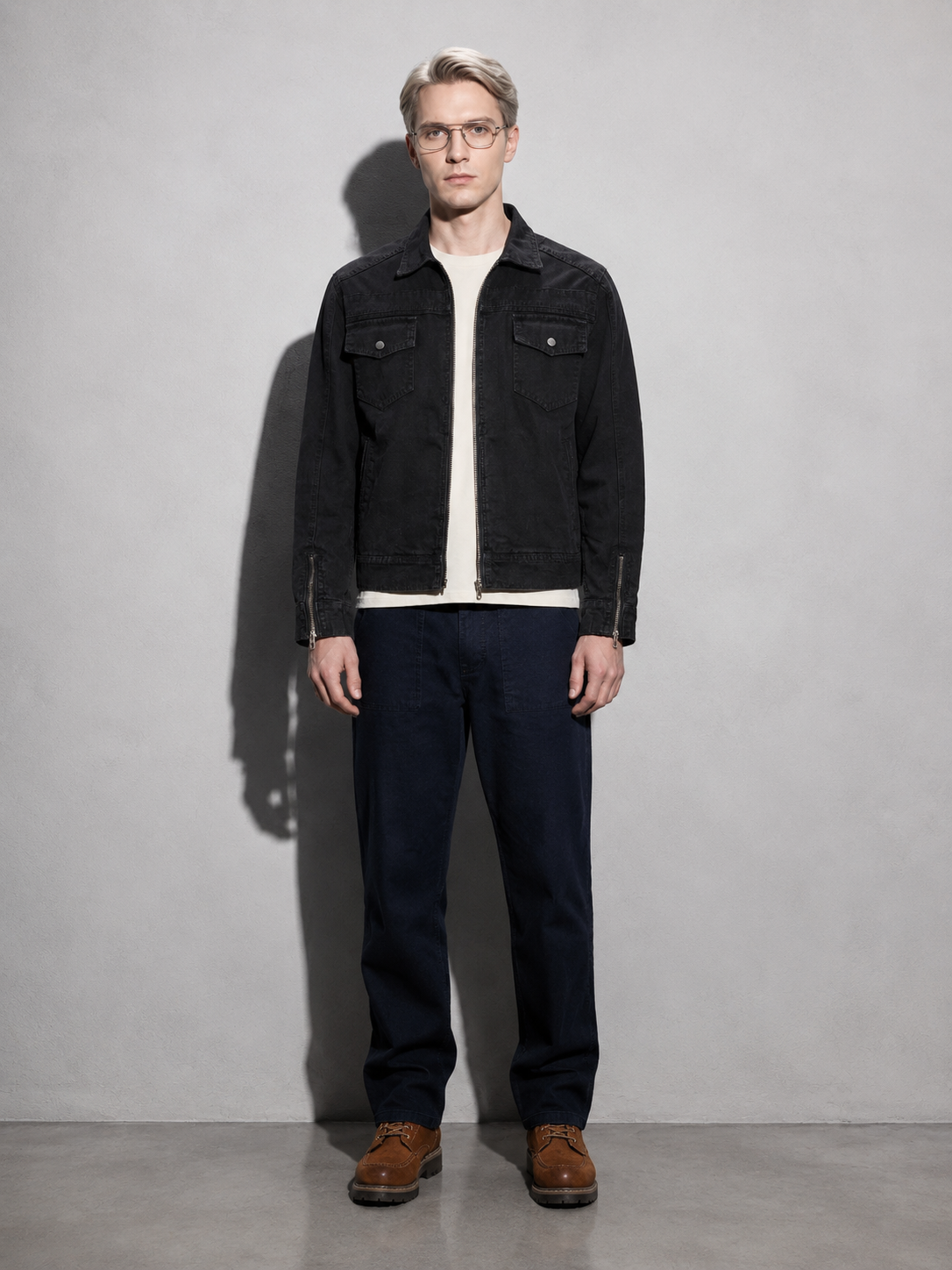 Code Culture catalog | retro-short-zip-up-washed-workwear-jacket | color-black | full body