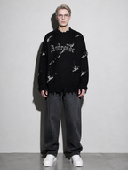 Code Culture catalog | new-personality-street-jacquard-ripped-frayed-vintage-loose-sweater | black | full body
