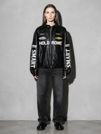 Code Culture catalog | womens-loose-letter-racing-motorcycle-jacket | color-black | full body