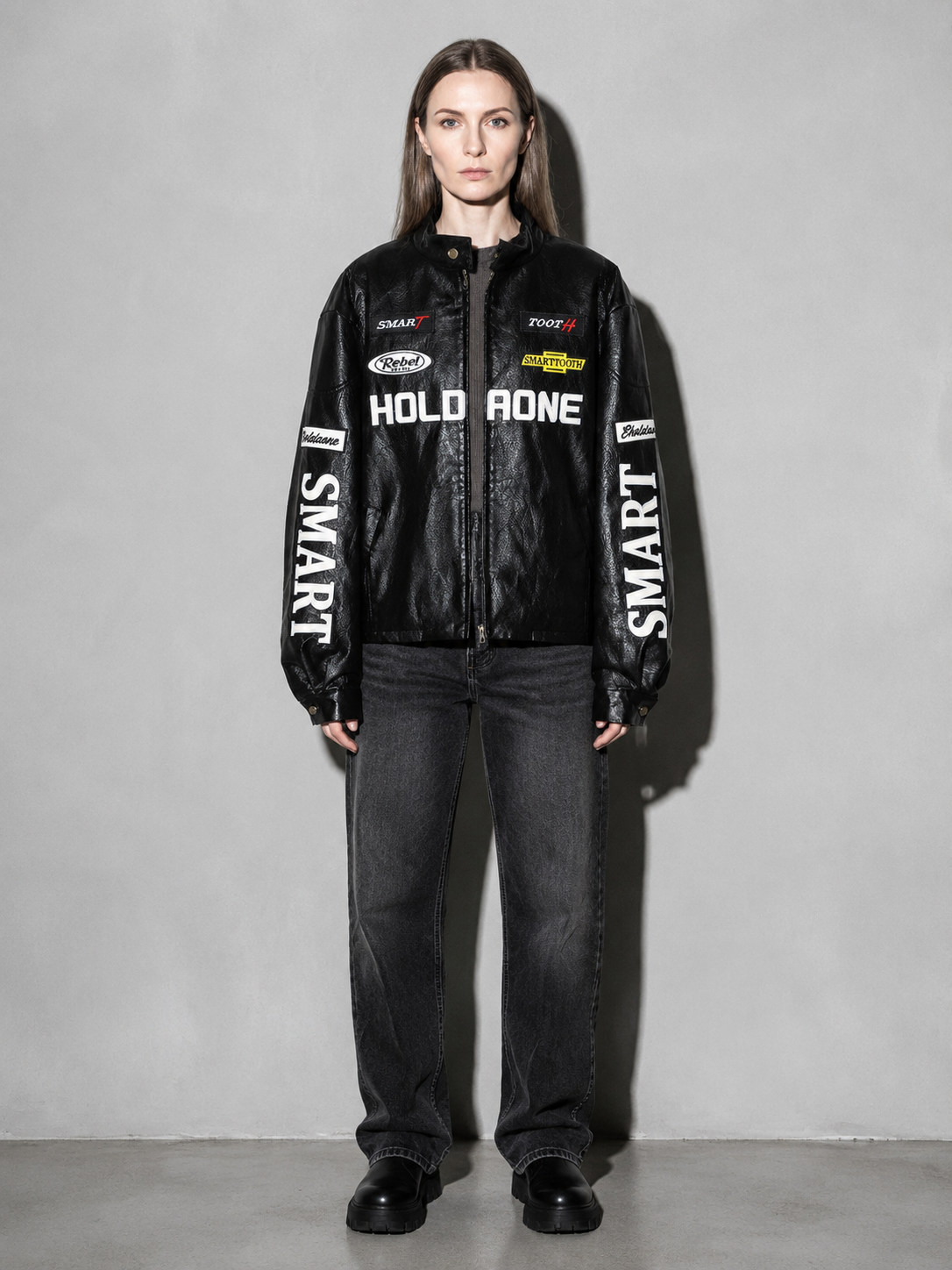 Code Culture catalog | womens-loose-letter-racing-motorcycle-jacket | color-black | full body