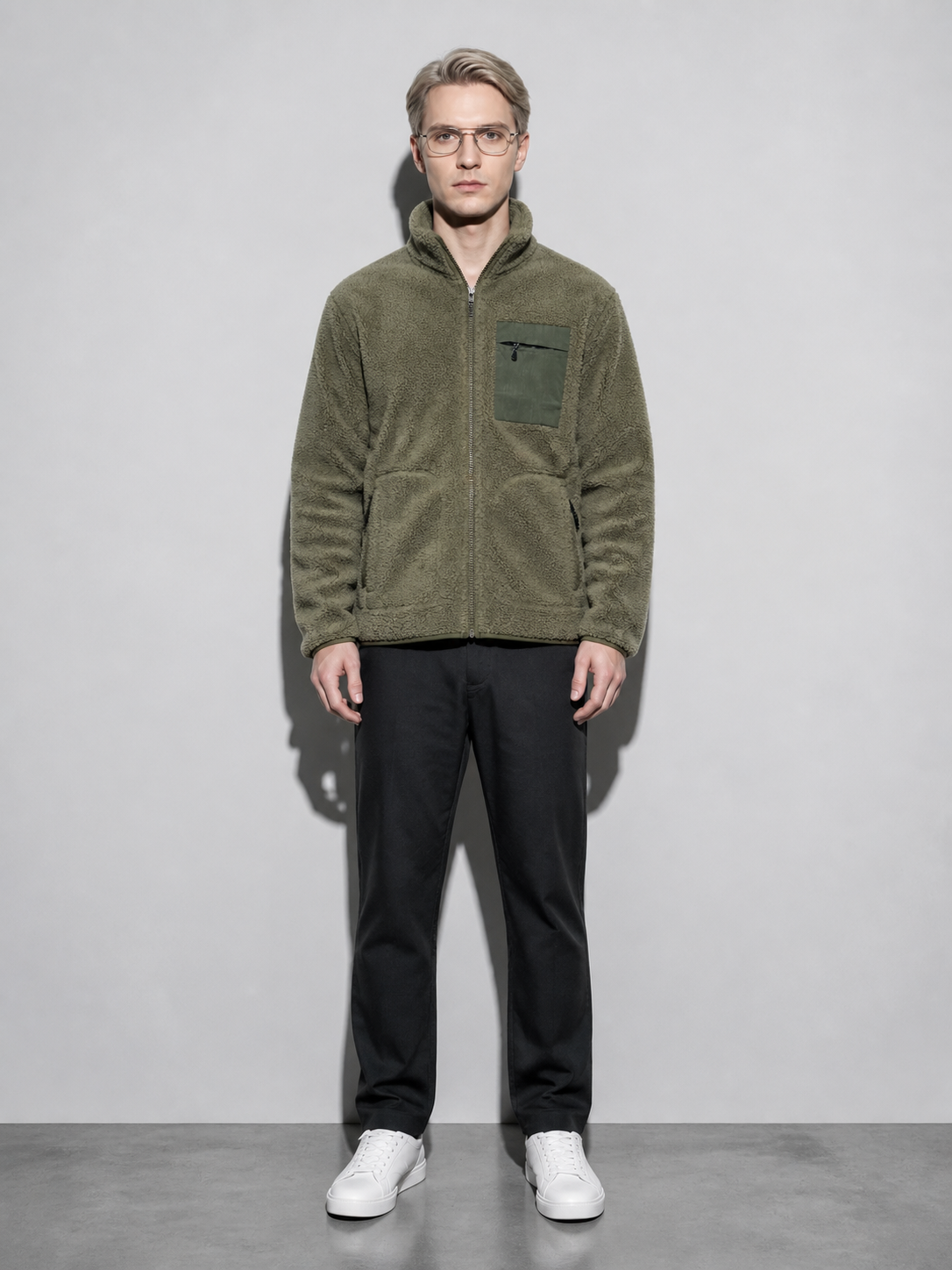 Code Culture catalog | mens-cardigan-fleece-outdoor-polar-fleece-jacket | olive | full body