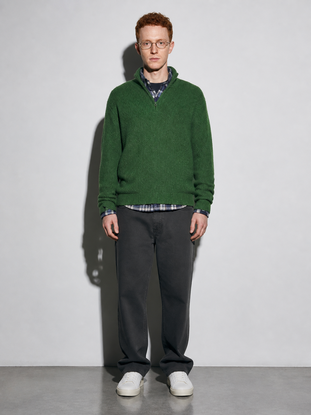 Code Culture catalog | mens-business-casual-loose-zip-stand-collar-sweater | green | full body