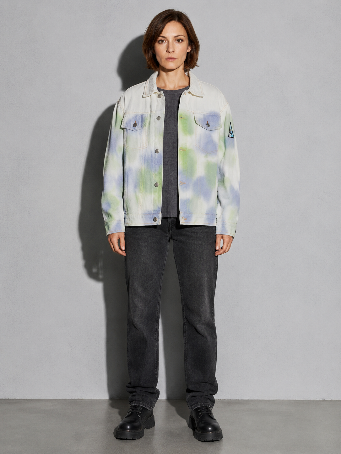 Code Culture catalog | tie-dye-splash-ink-lapel-jacket-loose-college-style-couple-all-match-blouse-short-jacket | color-green | full body