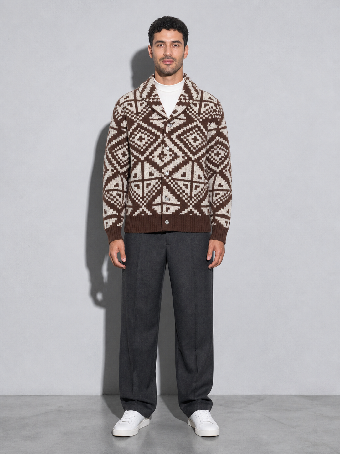 Code Culture catalog | mens-casual-geometric-jacquard-sweater | brown | full body