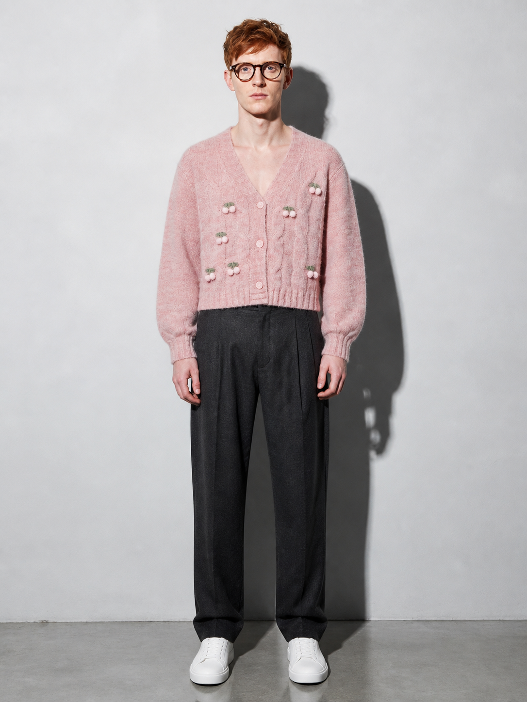 Code Culture catalog | knitted-cardigan-pink-cherry-lazy-retro-gentle-sweater | pink | full body