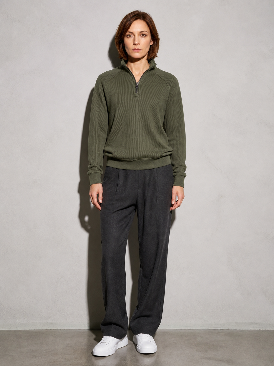 Code Culture catalog | european-and-american-half-zipper-sweater-stand-up-collar-all-match-fleece-mens-sweater-top | army-green | full body