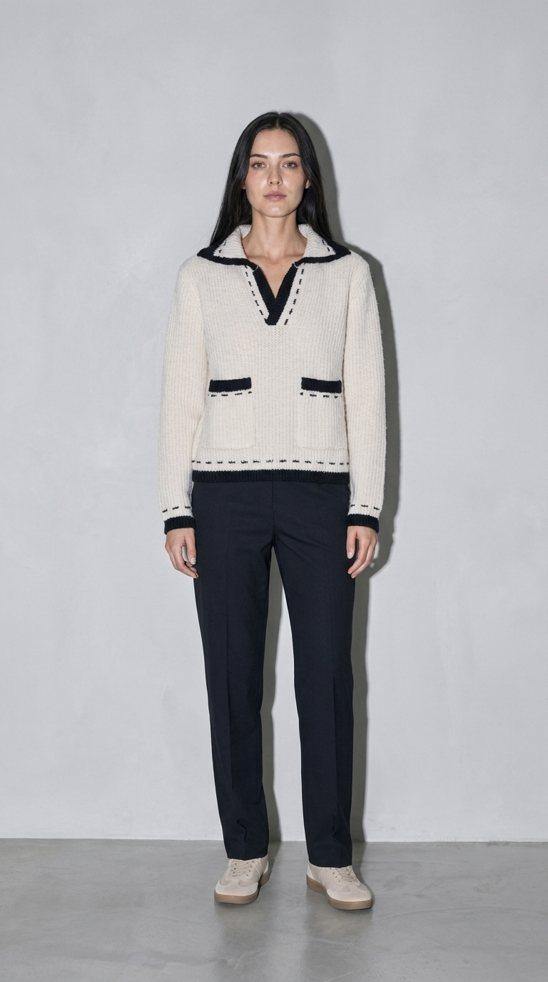 Code Culture catalog | v-neck-sweater-sweater-new-contrast-color | apricot | full body
