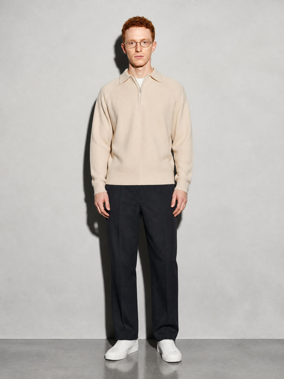 Code Culture catalog | american-casual-half-height-zip-polo-sweater | apricot-colored-rice | full body