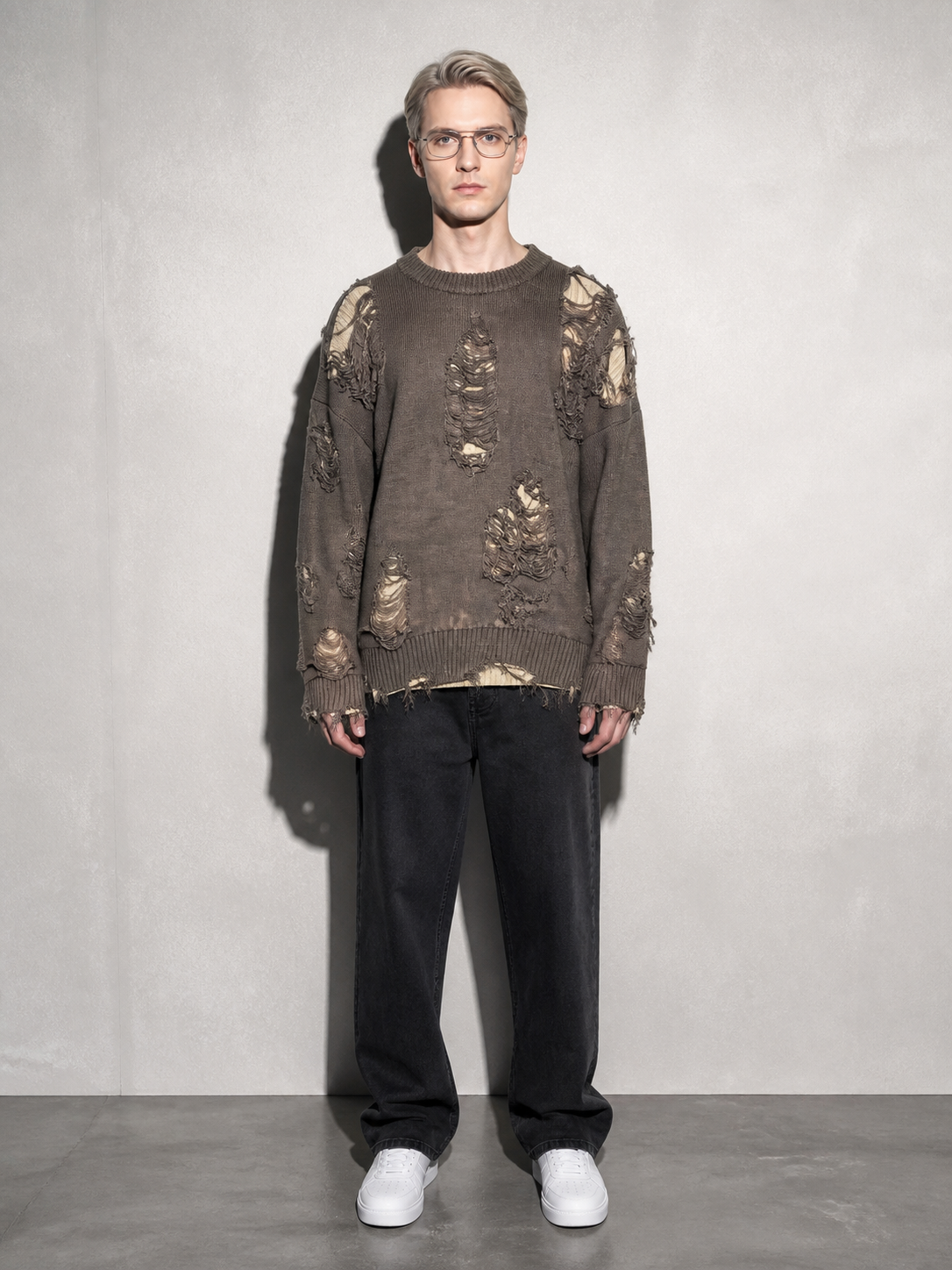 Code Culture catalog | ripped-sweater-mens-minority-all-match-idle-style | gray | full body